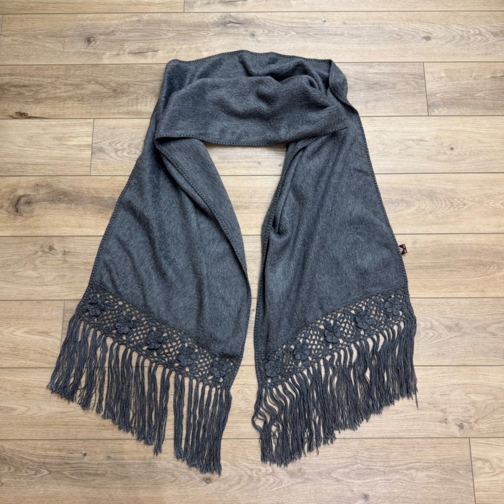 Alpaca Camargo Gray Alpaca Wool Scarf Crochet Floral Fringe Scandi Lagenlook Big